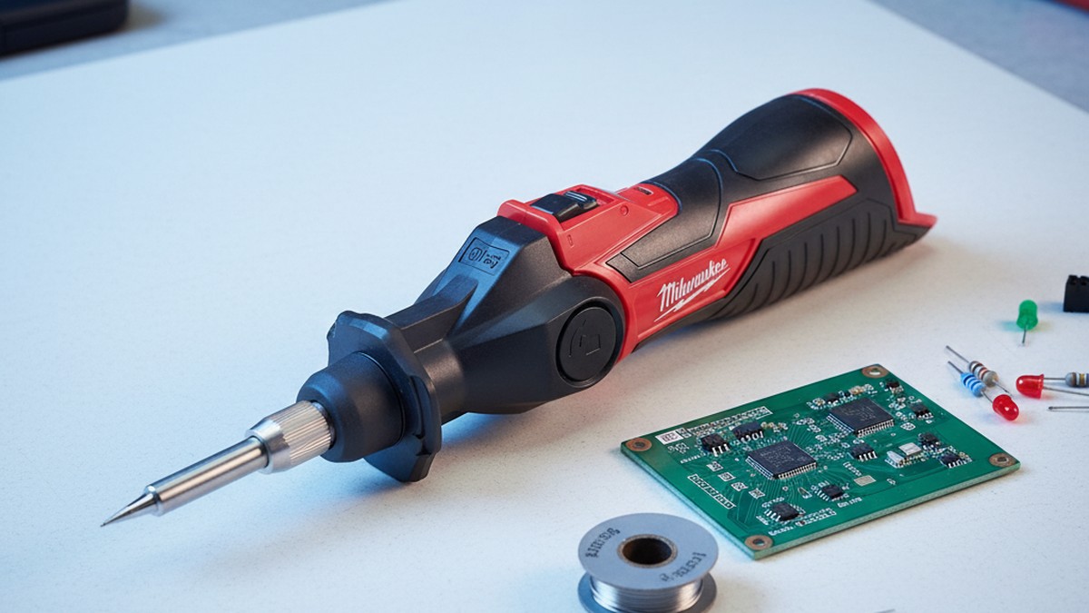 Cordless soldering iron next to a PCB board with solder wire and electronic components