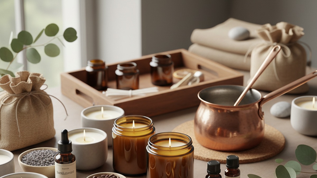 Uma vela em pote de vidro com uma chama tremeluzente em uma mesa de madeira ao entardecer